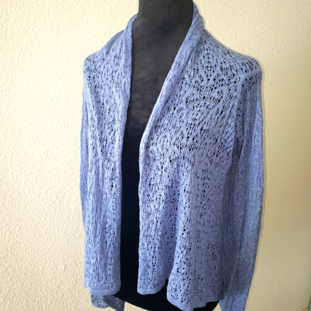 Light blue, open-front crochet cardigan loose, airy stitch pattern 100% cotton M